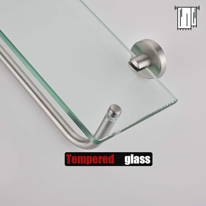 JQK Bathroom Glass Shelf, Shelf with 15 Inch Towel Bar Tempered Glass Shower Storage 16 by 5 inches, 304 Stainless Steel Brushed Finish Wall Mount, TGS100-BN