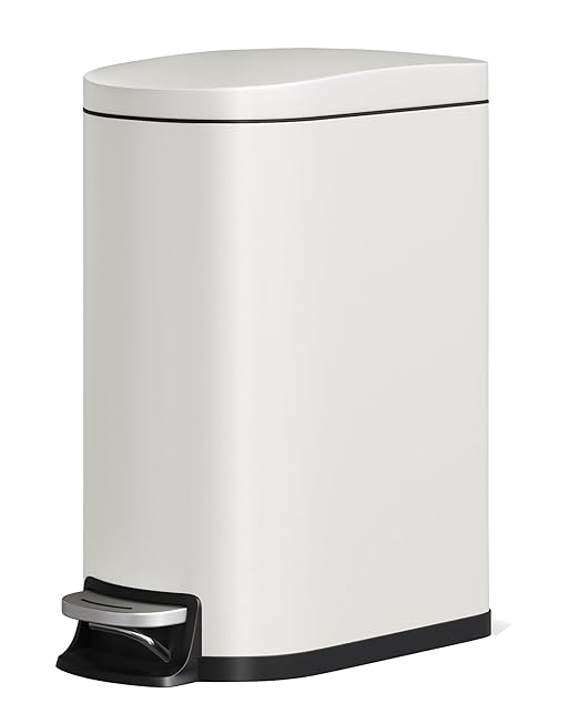 GarveeHome 13 Gal / 50 L Stainless Steel Kitchen Trash Can with Lid, Slim Step-On Garbage Bin, Large Rustproof Metal Trash Can with Soft Close, Inner Bucket & Rear Handle, Creamy White
