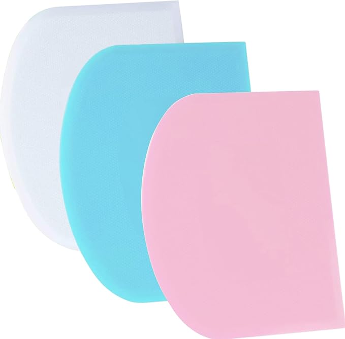 SURDOCA Dough Scraper Bench Scraper - 3P 13x7.9" Plastic Flexible Bowl Scraper, Sharp Edge & Angles Cake Scraper. Non-Slip Bakeware Decorating Tools Sculpting & Modeling Tools - Blue+White+Pink