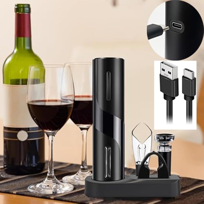 Electric Wine Bottle Opener Rechargeable Wine Corkscrew Opener Gift Set with Foil Cutter, Wine Aerator Pourer and Vacuum Wine StopperIdeal Present for Party, and Home Entertaining.(BLACK)