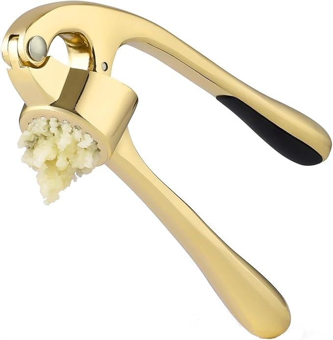 Premium Garlic Press, Garlic Mincer Set of 3 with Silicone Roller Peeler & Cleaning Brush, Extremely Durable Garlic Crusher, Ergonomic Handle, Extracts Most Garlic Paste Per Clove (Gold)