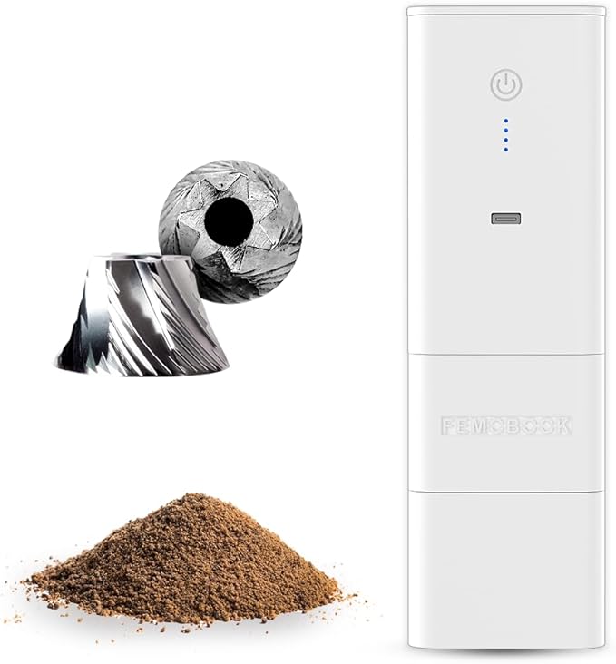 Femobook-A2 Portable Electric Coffee Grinder, Cordless Burr Grinder USB Rechargeable Coffee Grinder Magnetic Grounds Cup for Travel & Home Brewing, White