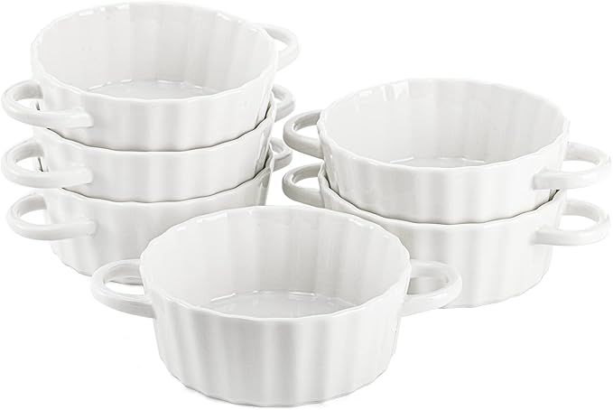 Foraineam 6 Pack Oven Safe Porcelain Souffle Dishes with Double Handles, 10 Ounce Round Mini Quiche Pan, Baking Pie Dish Ramekins For Pudding, Creme Brulee, Souffle