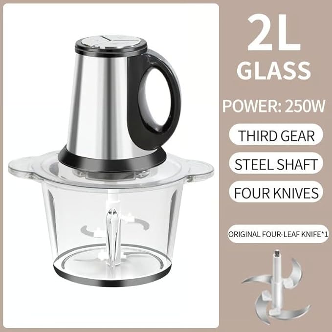 Sakerplus Multifunctional Large Capacity Meat Grinder, 250W Electric Food Processor with 3 Speeds, 2L Stainless Steel Bowl & 4 Sharp Blades for Meat, Vegetables, Nuts (2L-glass)