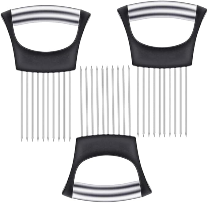 3Pcs onion slicer ，Kitchen Prong Slicer for Vegetables and Meat, Stainless Steel Tines with Safety Handle, Black (3)