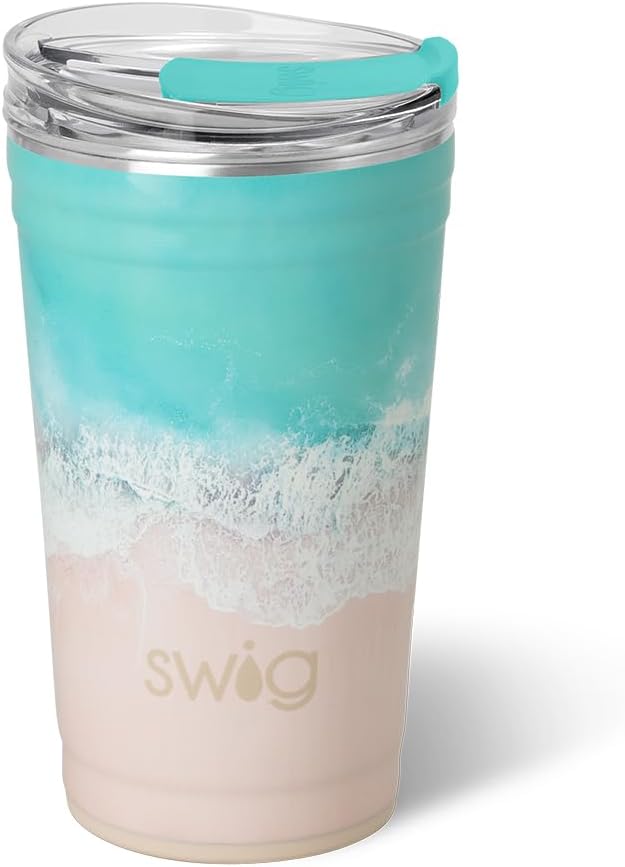 Swig Life 24oz Party Cup, Stackable Insulated Travel Coffee Tumbler with EZ Slider Lid, Cup Holder Friendly, Stainless Steel 24 oz Tumbler, Reusable Coffee Mug (High Tide)