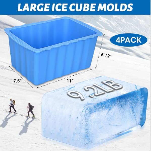 Large Ice Cube Molds 4 Pack - 37LB Silicone Ice Block Mold, Water Chiller for Cold Plunge & Camping | Easy Release, No Collapse Ice Tray for Seafood Fresh Keeping, Durable BPA-Free Freezer Ice Mold