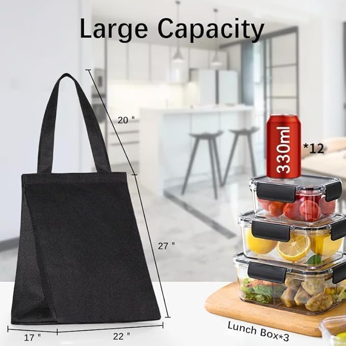 iknoe Insulated Lunch Bag for Women & Adults, 9L Foldable Wide-Open Cooler Bag with Pockets, Leakproof & Portable, for Picnic, Office, Beach(PureBlack)