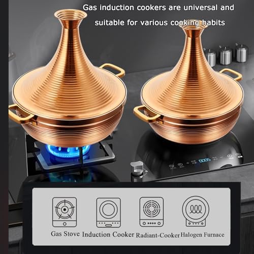Large Stainless Steel Moroccan Tagine Pot, Non-Stick Tajine Casserole with Cone Lid & 2 Handles, 30cm/11.8in, Elegant Gold Design for Authentic Moroccan Cooking