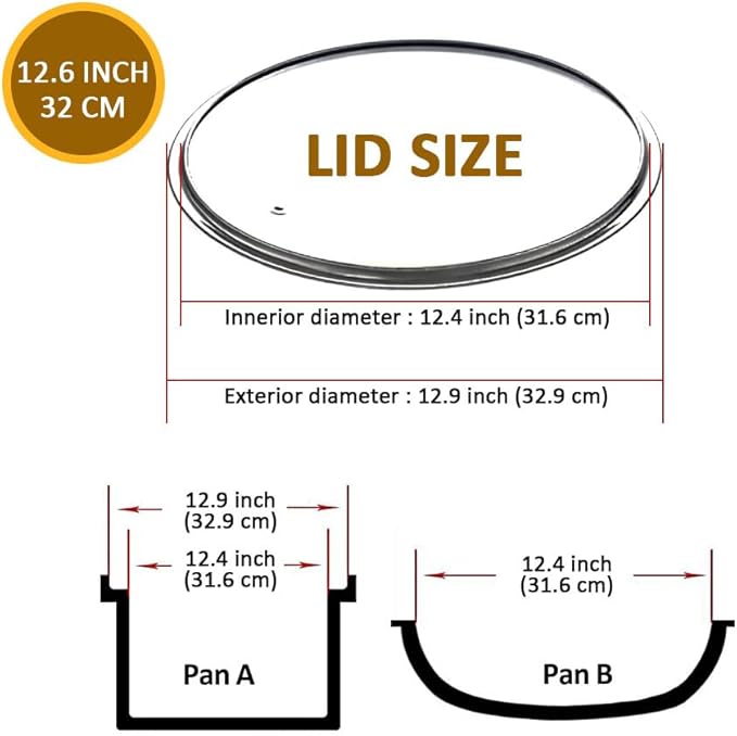 Glass Lids for Pots and Pans, 8, 11, 12, 12.6 Inch Pan Covers for Cookware, Tempered Glass Lid for Replacement, Dishwasher Safe & Microwave Oven Safe(12.6 inch)