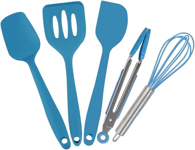 Collfa Mini Kitchen Utensil Set - Five-Piece Set, Tiny Silicone Kids Kitchen Tools - Whisk, Tongs, Spoon, Slotted Spatula - Blue