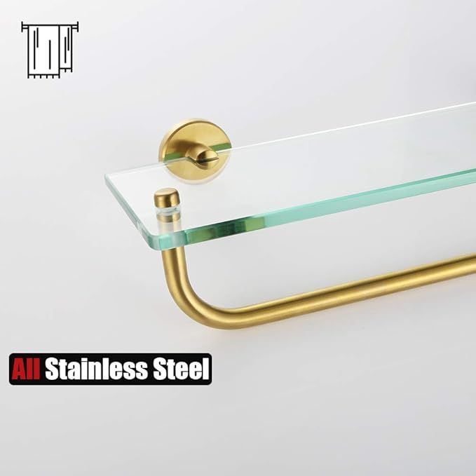 JQK Bathroom Glass Shelf, Shelf with 29 Inch Towel Bar Tempered Glass Shower Storage 30 by 5 inches, 304 Stainless Steel Brushed Gold Wall Mount, TGS100L30-BG
