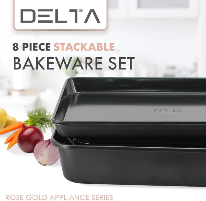 Stackable Nonstick Bakeware Set, 8 Piece Baking Pan Set, Oven Safe Carbon Steel, Includes Cookie Sheet, Muffin Pan, Loaf Pan & Roaster
