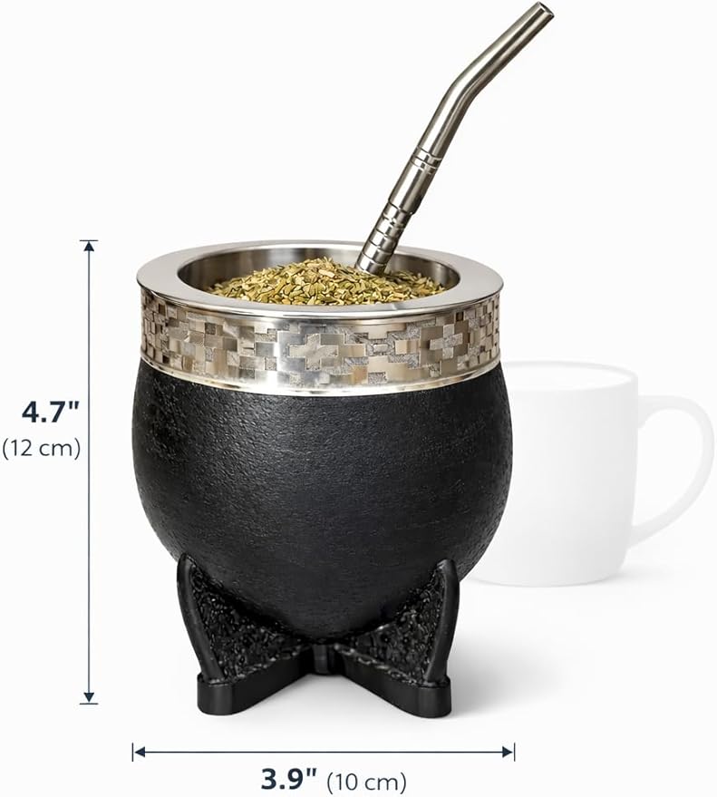 Yerba Mate Cup Set with Straw (Bombilla), Imperial Argentina-Style Mate Cup with Stainless Steel Interior, Alpaca Silver Band and Steel Rim, Handmade with Traditional Argentino Craft