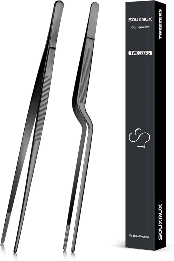 10-inch Cooking Tweezer and Offset Tweezer Set, Tongs Precision Serrated Tips, Stainless Steel Professional Chef Tweezer Kitchen Tools for BBQ, Plating and Serving
