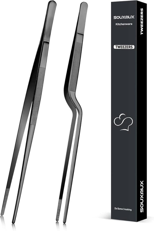 10-inch Cooking Tweezer and Offset Tweezer Set, Tongs Precision Serrated Tips, Stainless Steel Professional Chef Tweezer Kitchen Tools for BBQ, Plating and Serving