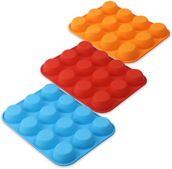 Silicone Muffin Pan, Cupcake Pan, 12 Cups, Food Grade Egg Muffin Baking Silicone Molds, Non-stick, 3 Pcs