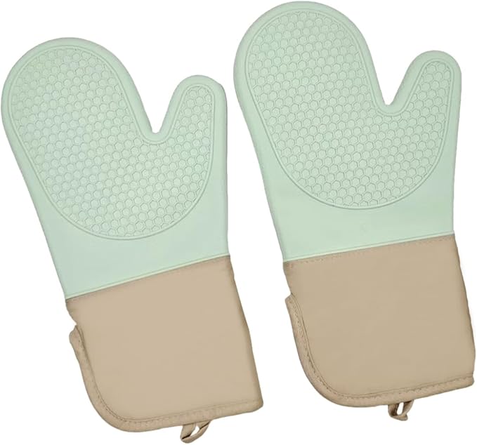 6-Piece Silicone Oven Mitts Set, Heat Resistant Kitchen Gloves with Soft Cotton Lining, Pot Holders & Mini Mitts for Cooking, Baking, BBQ – Light Green
