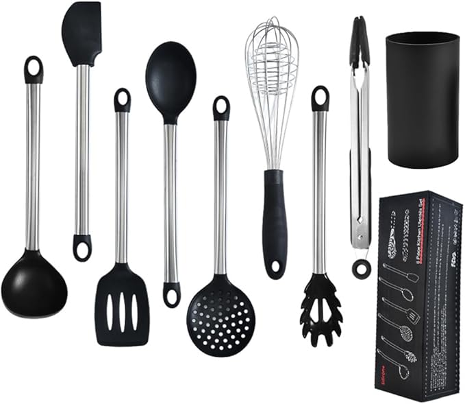 KSENDALO 9-Piece Silicone Cooking Utensils Set with Holder, Heat Resistant Kitchen Utensils Set of Slotted Spatula, Spoons, Whisk, Tong, Non Toxic Black Kitchen Tool Set for Nonstick Cookware, Black