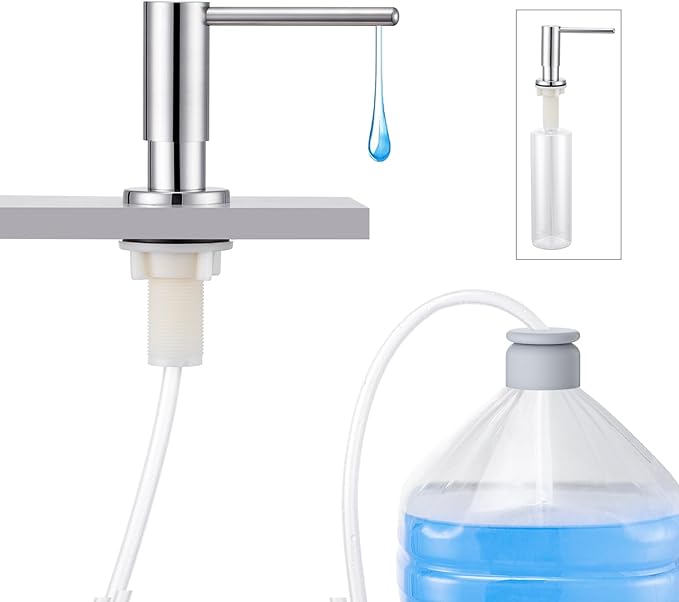 Kitchen Sink Soap Dispenser with 17 OZ Bottle and 40" Extension Tube Kit, Stainless Steel Built-in Soap Dispenser for Kitchen Sink or Countertop, In or Under Sink Installation, Polished Chrome