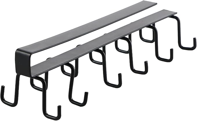 Under Cabinet Kitchen Utensil Hooks, Iron Double Row Rail Mug Holder Under Shelf Clip On Cabinet Hook Spoon Shovel Shelving for Restaurant Cup Hanging(Black)