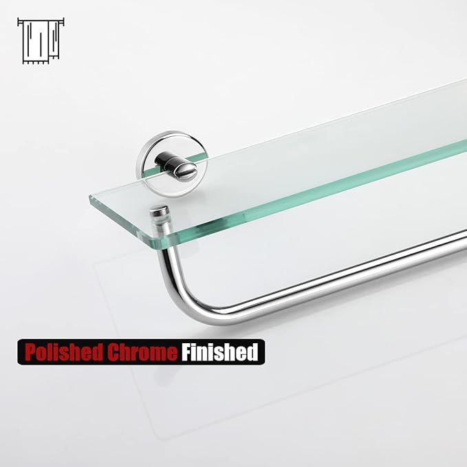 JQK Bathroom Glass Shelf Polished Chome, Shelf with 19 Inch Towel Bar Tempered Glass Shower Storage 20 by 5 inches, 304 Stainless Steel Silver Finish Wall Mount, TGS100L20-CH