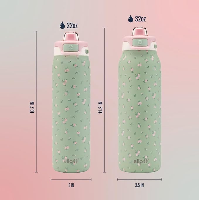 Ello Pop & Fill 22oz Stainless Steel Water Bottle with QuickFill Technology, Double Walled and Vacuum Insulated Metal, Leak Proof Locking Lid, Straw and Chug, Reusable, BPA Free, Full Bloom