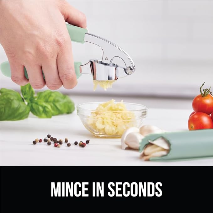 GORILLA GRIP Garlic Press and Peel Set, Heavy Duty Mincer Tool, Large Ergonomic Handle, Easily Mince and Crush Garlics, Ginger, Nuts, Seeds, Peeler Included, Peeling Cloves, Kitchen Gadgets, Mint