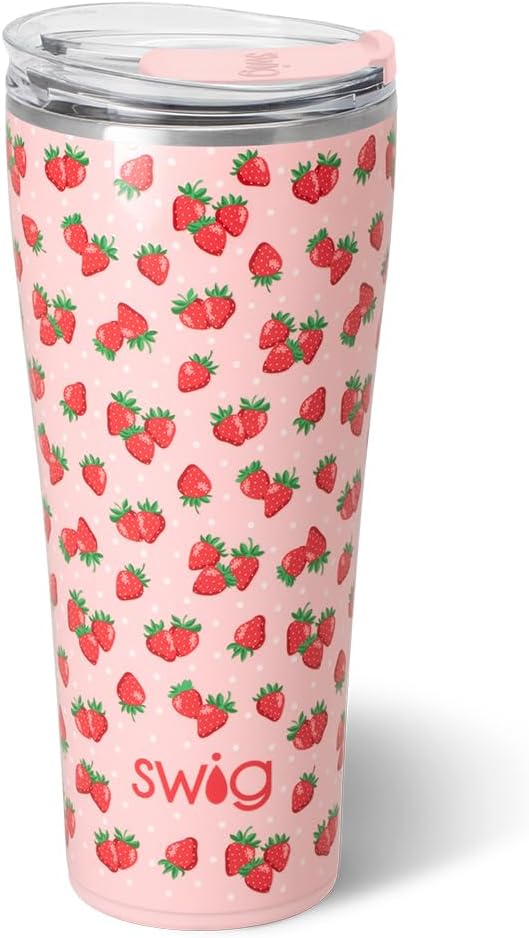 Swig Life 32oz Insulated Tumbler, Travel Coffee Tumbler with Lid, Cup Holder Friendly Travel Coffee Mug, Stainless Steel, 32 oz, Reusable Insulated Mug with Lid (Strawberry Shortcake)