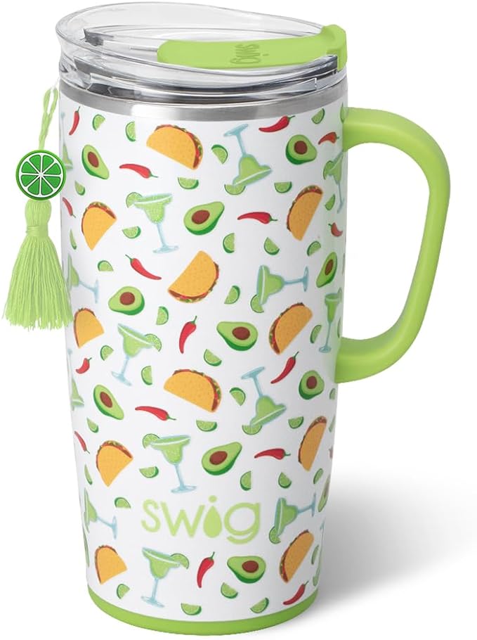 Swig Life 22oz Travel Mug, Insulated Tumbler with Handle and Lid, Travel Coffee Mug, Cup Holder Friendly, Stainless Steel 22 oz Tumbler, Reusable Insulated with Lid (Taco Night)