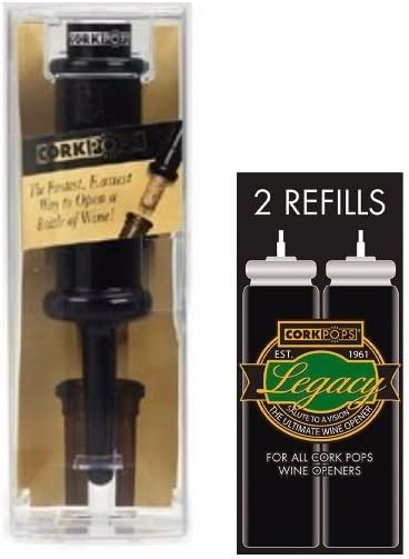 Cork Pops Original Wine Bottle Opener, 6.5 Inch – Made in USA, Effortless Push-Button Cork Removal, Includes Cartridge (Opens Up to 60 Bottles) (Black, 3 Cartridges)