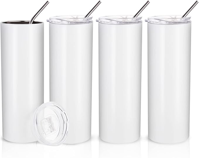 PYD Life Sublimation Blanks Skinny Tumbler White 20 OZ Straight Stainless Steel with Metal Straw for Mug Tumbler Heat Press Machine Sublimation Printing 4 Pack