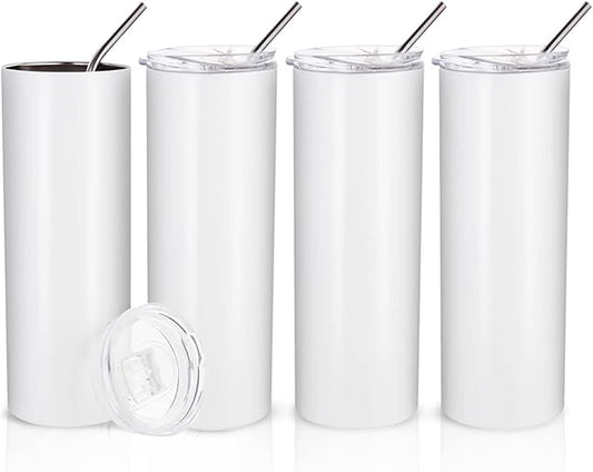 PYD Life Sublimation Blanks Skinny Tumbler White 20 OZ Straight Stainless Steel with Metal Straw for Mug Tumbler Heat Press Machine Sublimation Printing 4 Pack