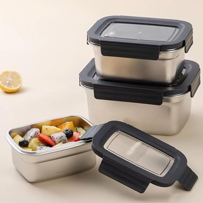 BEFOY Stainless Steel Food Storage Containers with Lids Airtight Bento Lunch Box for Kitchen Leak Proof Meal Prep Stackable Set of 3(450/1100/2500)