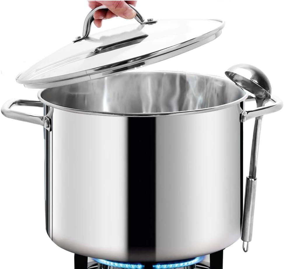 HOMICHEF 12 Quart LARGE Stock Pot with Glass Lid - NICKEL FREE Stainless Steel Healthy Cookware Stockpots with Lids 12 Quart - Mirror Polished Induction Pot - Commercial Grade Soup Cooking Pot