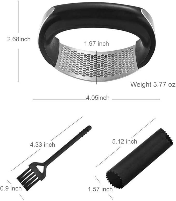 Garlic Press Rocker Stainless Steel Ginger Crusher Squeezer Kitchen Gadget with Ergonomic handle, Silicone Tube Garlic Peeler and Cleaning Brush Tool Set