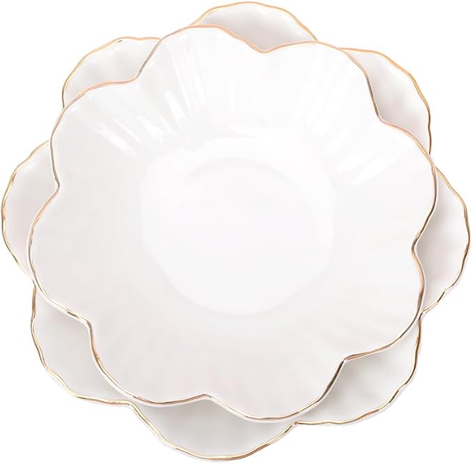 Porcelain Serving Dish,Ceramics Flower Relish Tray with Metallic Rim,Serving Bowls for Wedding,Party Perfect for Small Cereal, Pasta, Salad, Candy and Snacks White 6.6 inch (6.6 inch)