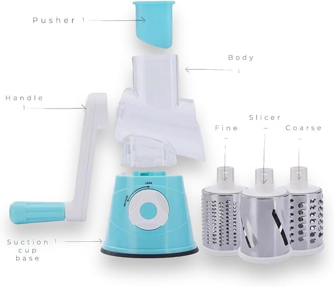 Rotary 3-in-1 Grater for Kitchen - Stainless Steel Cheese Grater with Turn Handle (Blue)