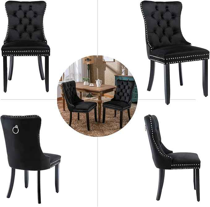 Black Dining Chairs Set of 2,Upholstered Velvet Dining Room Chairs with Back Ring Pull Trim and Solid Wood Legs,Modern Dining Chairs Perfect for Dining Room, Kitchen(Black)