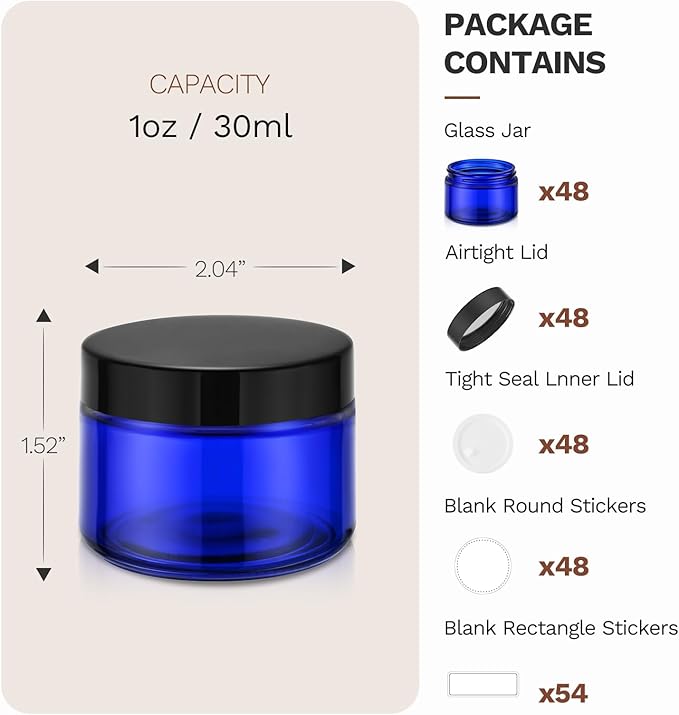 Bumobum 1 oz Blue Glass Jars with Lids, 48 pack Clear Small Jars with Black Lids, White Labels & Inner Liners, Empty Round Cosmetic Containers for Cream, Lotion