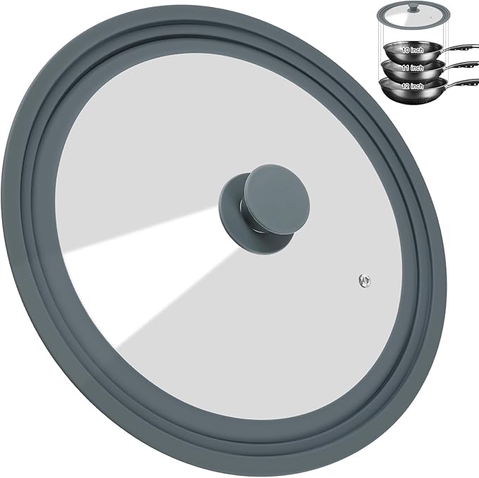 Universal Lid for Pots, Pans, and Skillets - Silicone Replacement Pan Lid - Tempered Glass Pot Lid Cover for Frying Pans, Cast Iron, CrockPot (10-11-12 inch)