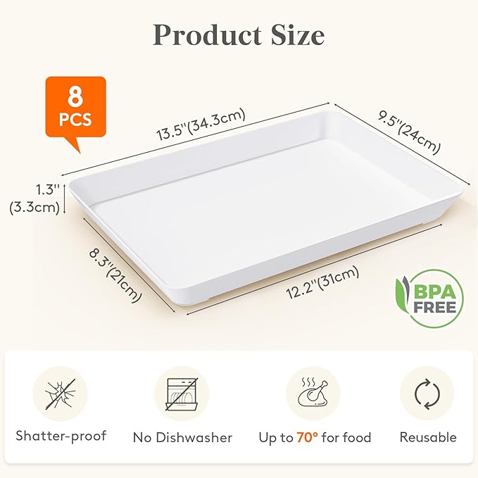 Lifewit Serving Tray for Party Supplies, Reusable Serving Platter for Catering, Snack, Fruit, Charcuterie, Appetizer, Plastic Food Trays, Hosting Essentials, BPA Free, White, 8 Pcs