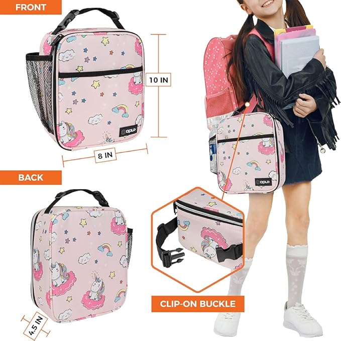 opux Premium Insulated Lunch Box, Soft School Lunch Bag for Kids Girls, Leakproof Small Lunch Pail Women Work, Reusable Compact Cooler Tote Lunchbox for Office, Pink Unicorn