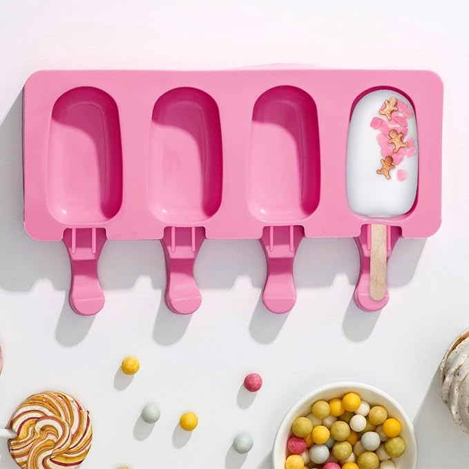 SAYAYA 2 Set Silicone Popsicle Molds with 100 Sticks, Reusable 4 Cavities Homemade Cake Pop & Cakesicle Mold for DIY Ice Cream, Ice Pop, Easy Release & Dishwasher Safe for Kids Family (Pink & Purple)