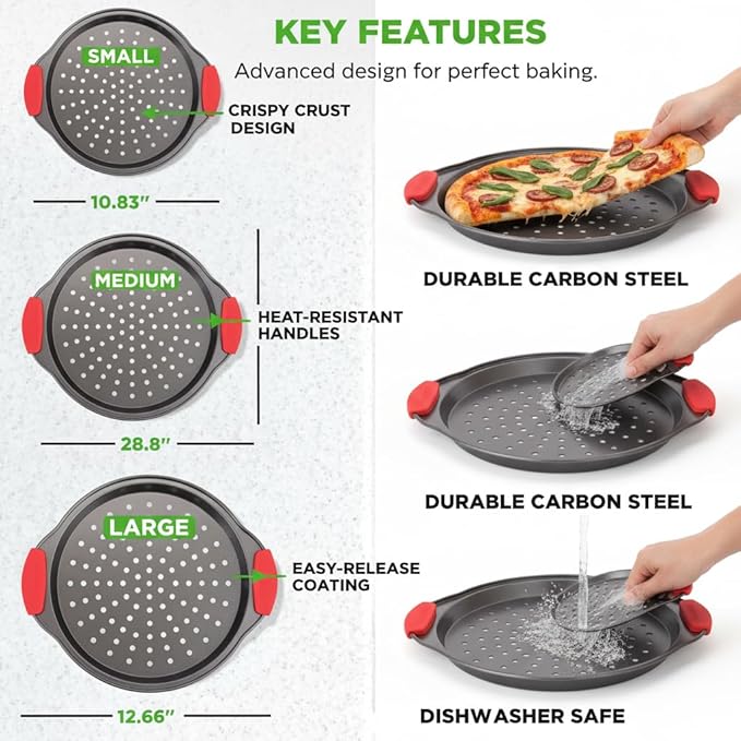 NutriChef 3-Piece Pizza Tray Set with Silicone Handles - Round Nonstick Pizza Pan with Perforated Holes, Durable Carbon Steel, Small, Medium, Large Sizes - Ideal for Crispy, Evenly Baked Pizzas (Gray)