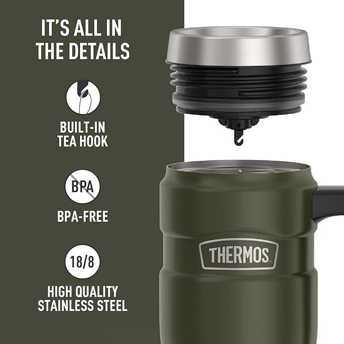 THERMOS Stainless King Vacuum-Insulated Travel Mug with Handle - 16oz, Army Green - Thermos Tumbler for Hot & Cold Drinks - Leak-Proof & Sweat-Proof Stainless Steel Coffee Mug with Lid for Commuting