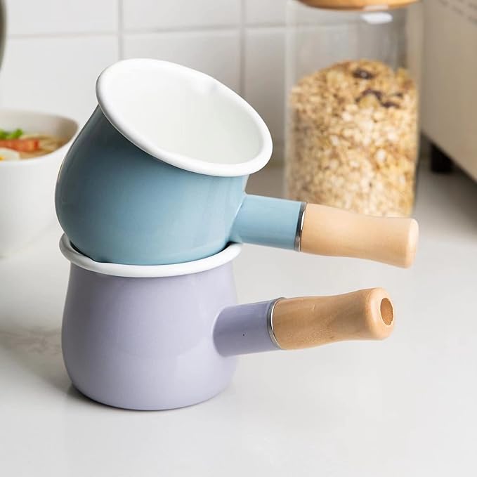 Enamel Milk Pot, Butter Warmer Non-stick Mini Saucepan, 4 Inch 17 Oz Small Cookware with Wooden Handle(Sky Blue)