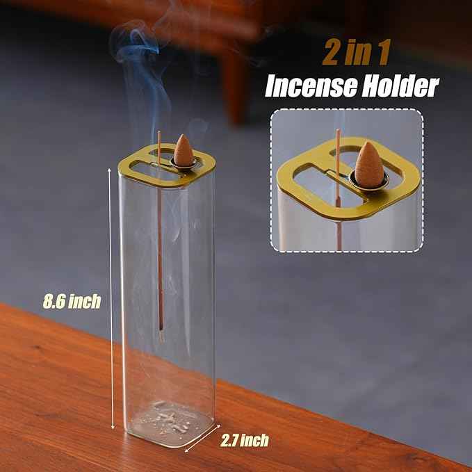 Ceremony Incense Holder, 2 in 1 Incense Burner for Sticks, Ash-Proof Glass Incense Burner for Meditation Yoga Spa Room Decor (2 in 1 Square) Ceremony Incense Holder, 2 in 1