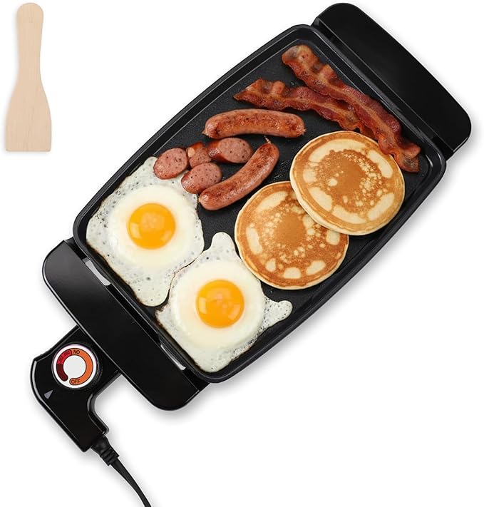 Small Electric Griddle, 10 Inch Mini Ceramic Non-Stick Electric Skillet with Adjustable Thermostat, 1200W Single Serve Grill for Breakfast, Cooking for Pancakes, Eggs, Sausage