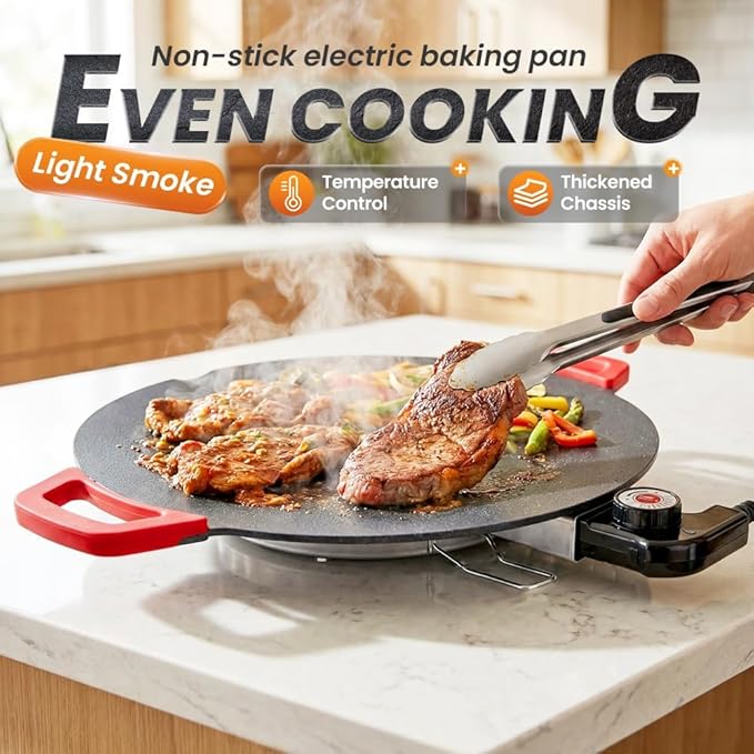 Indoor Smokeless Electric Griddle: 1000W Fast Heating Indoor Grill with 11/14/16" Nonstick Surface, Adjustable Temp Control, Easy to Clean for Steak, Pancake & BBQ (14in)